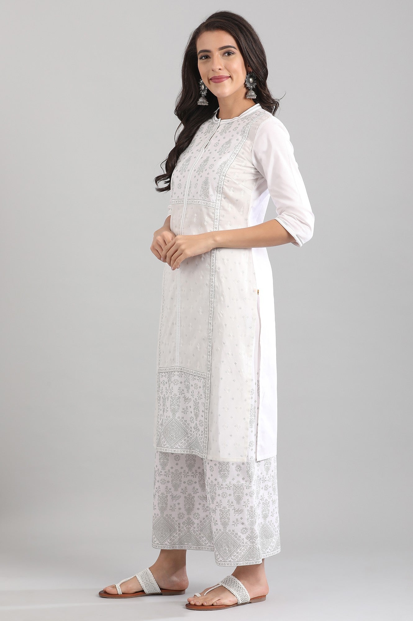 White Straight Ethnic kurta in Band Collar