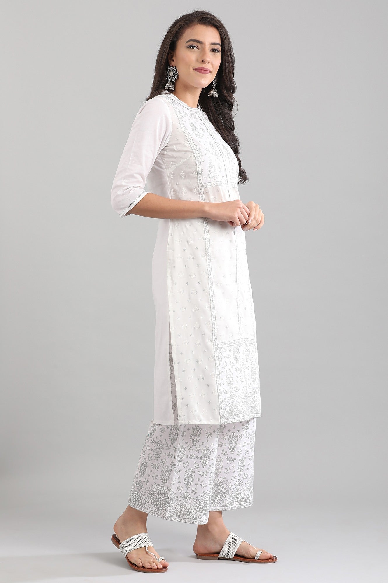 White Band Collar Printed kurta