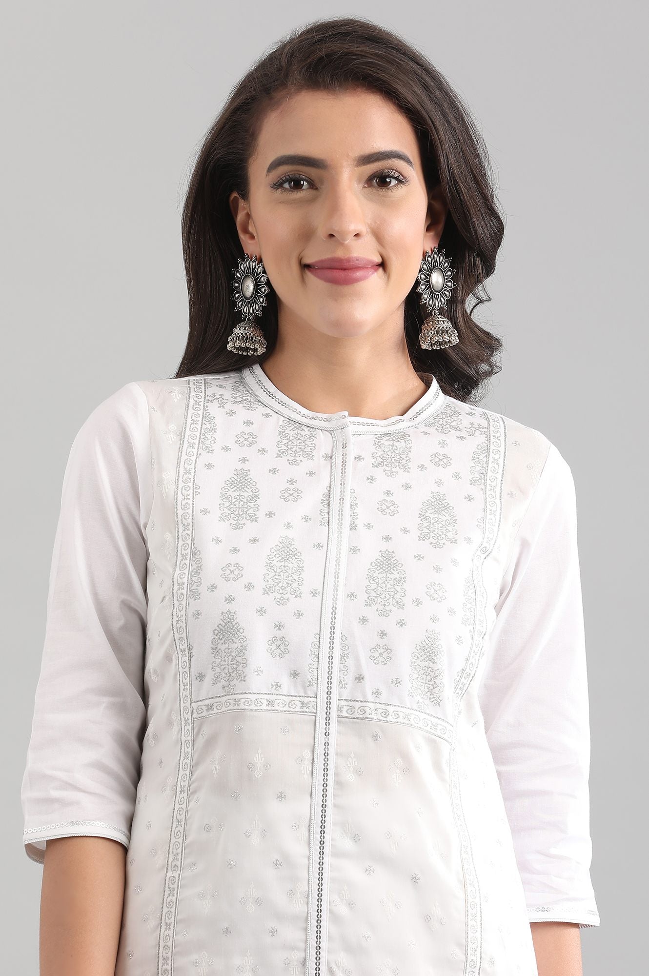 White Straight Ethnic kurta in Band Collar