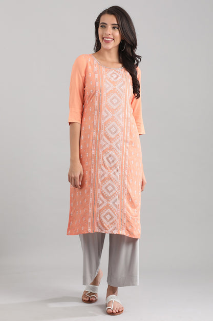 Peach Round Neck Printed Liva kurta