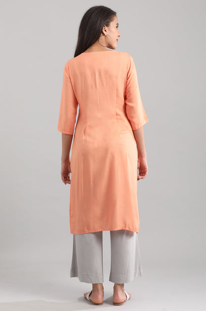 Peach Round Neck Printed Liva kurta