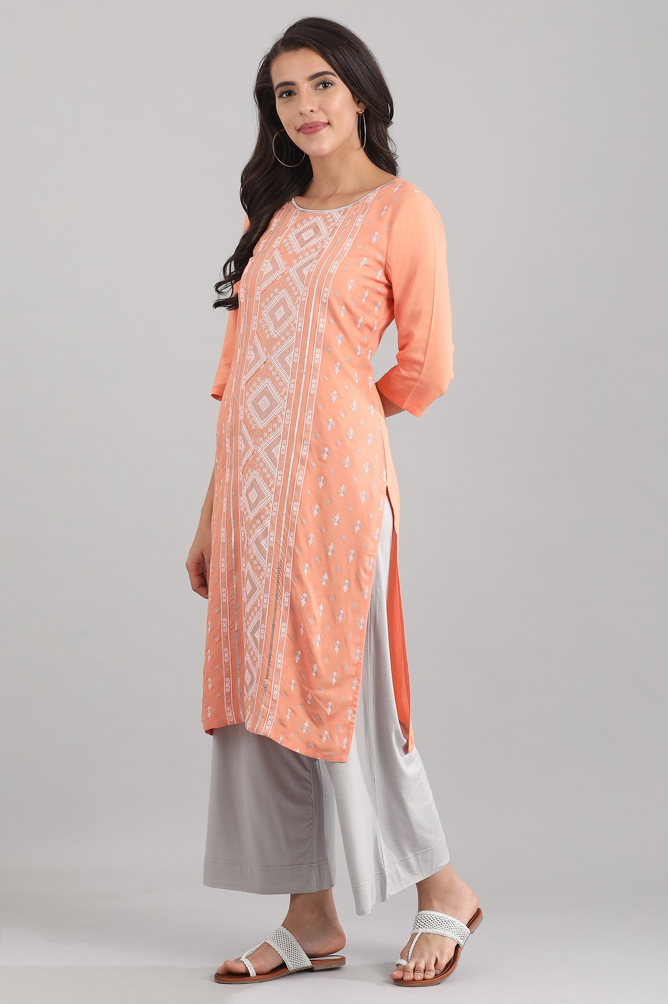 Peach Round Neck Printed Liva kurta