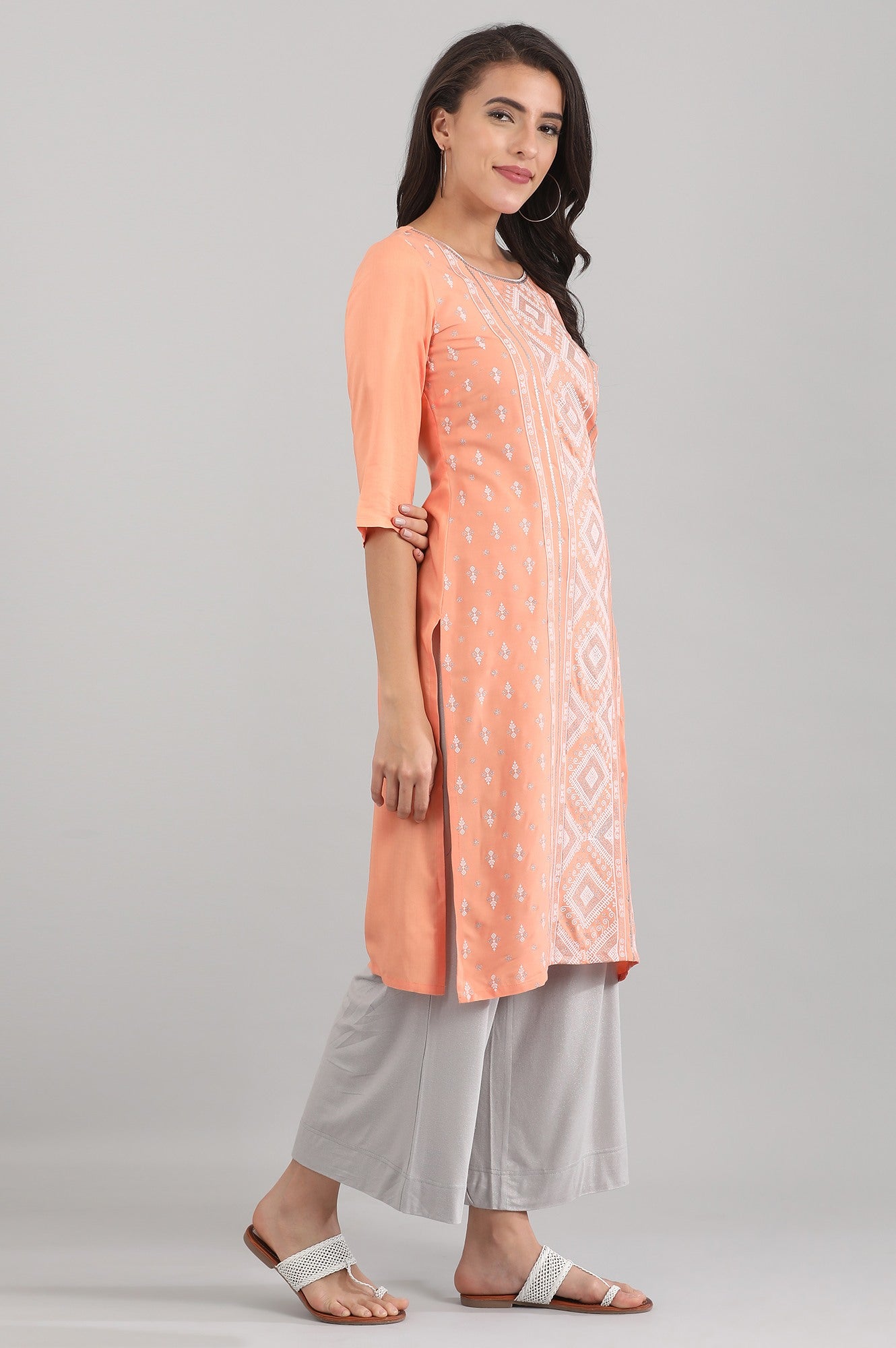 Peach Round Neck Printed Liva kurta