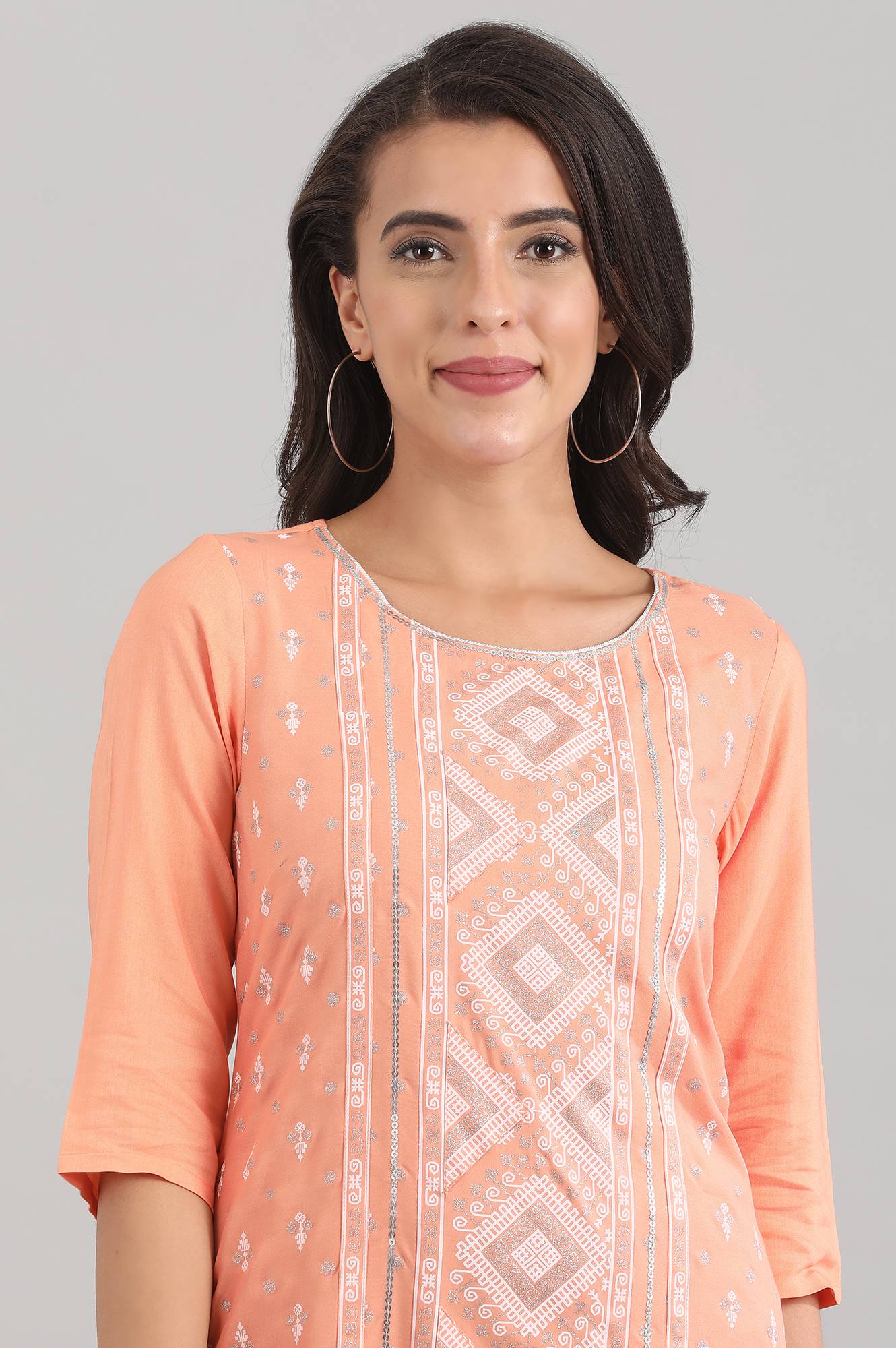 Peach Round Neck Printed Liva kurta