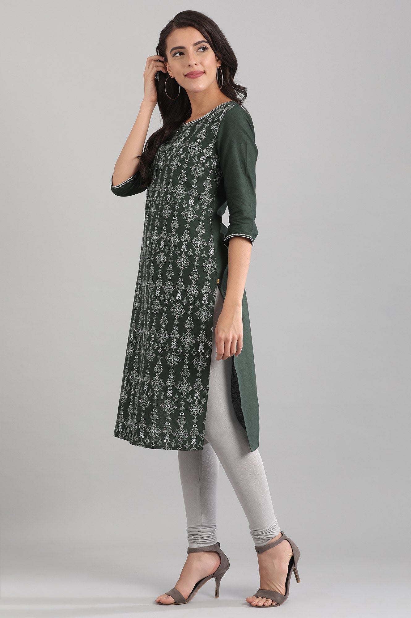 Green Round Neck Printed kurta