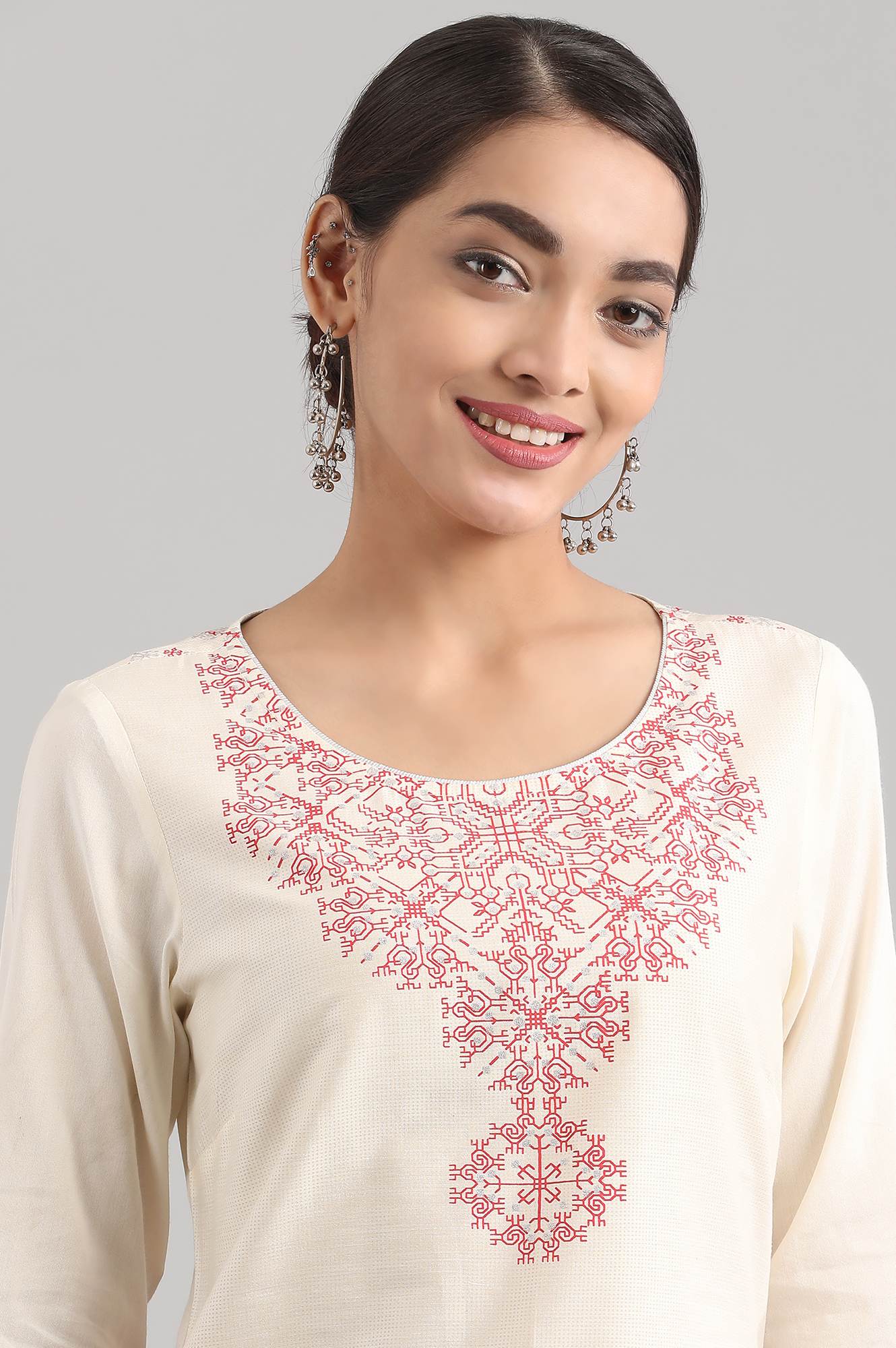 Off-White Round Neck Printed kurta