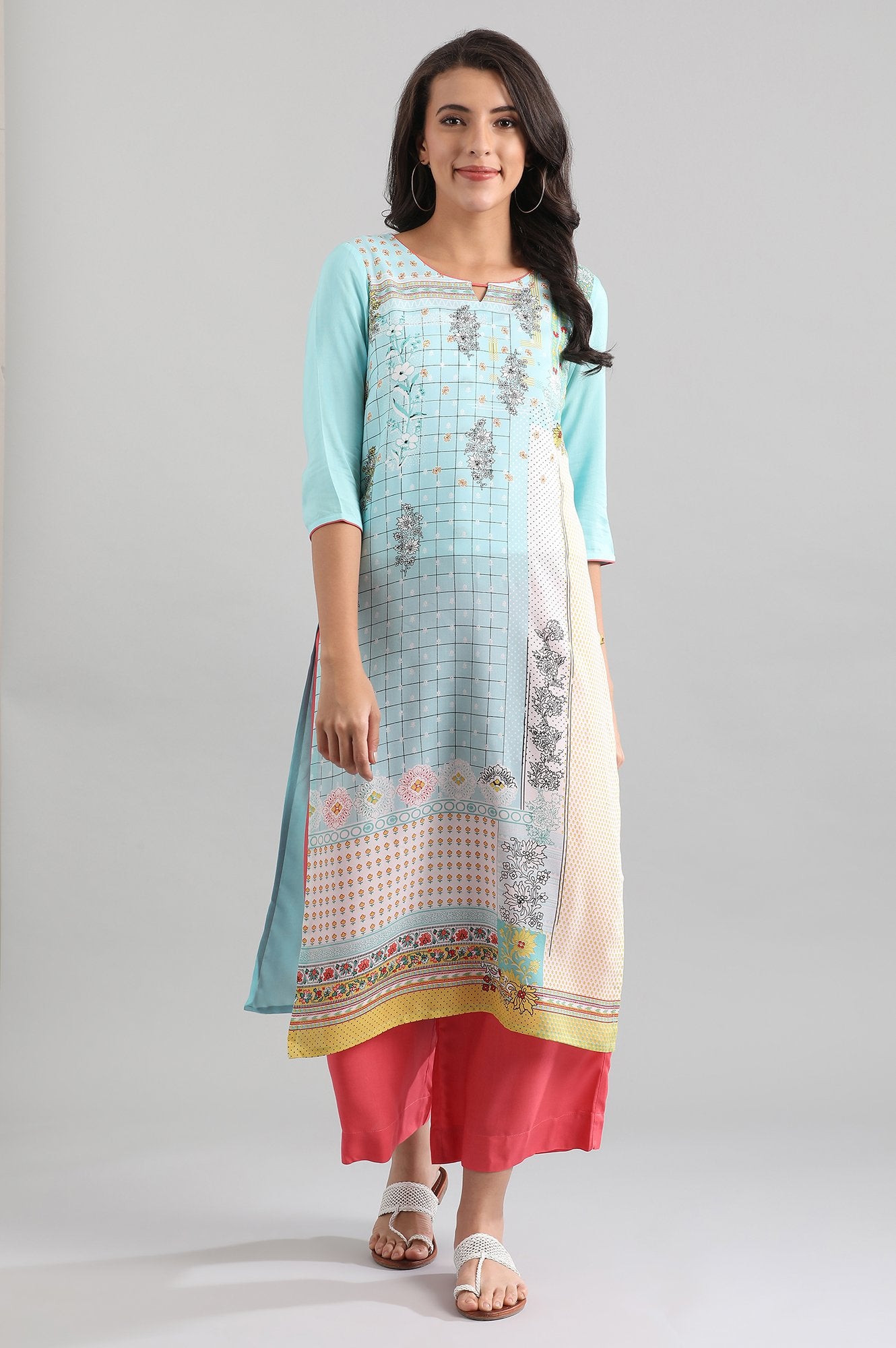 Blue Round Neck Printed Liva kurta