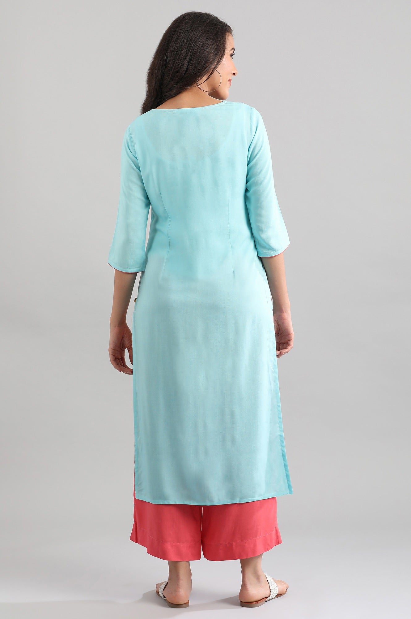 Blue Round Neck Printed Liva kurta