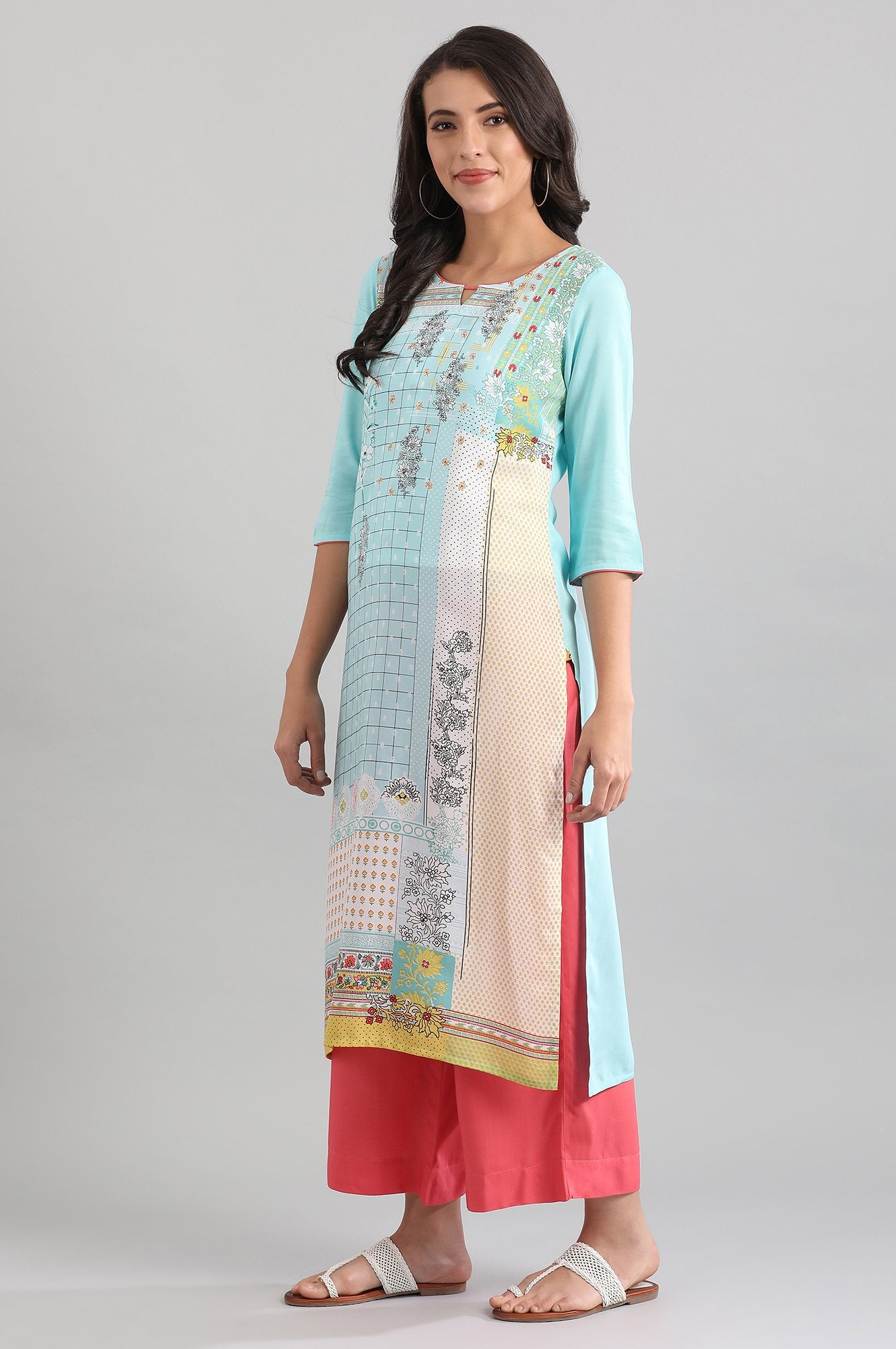 Blue Round Neck Printed Liva kurta