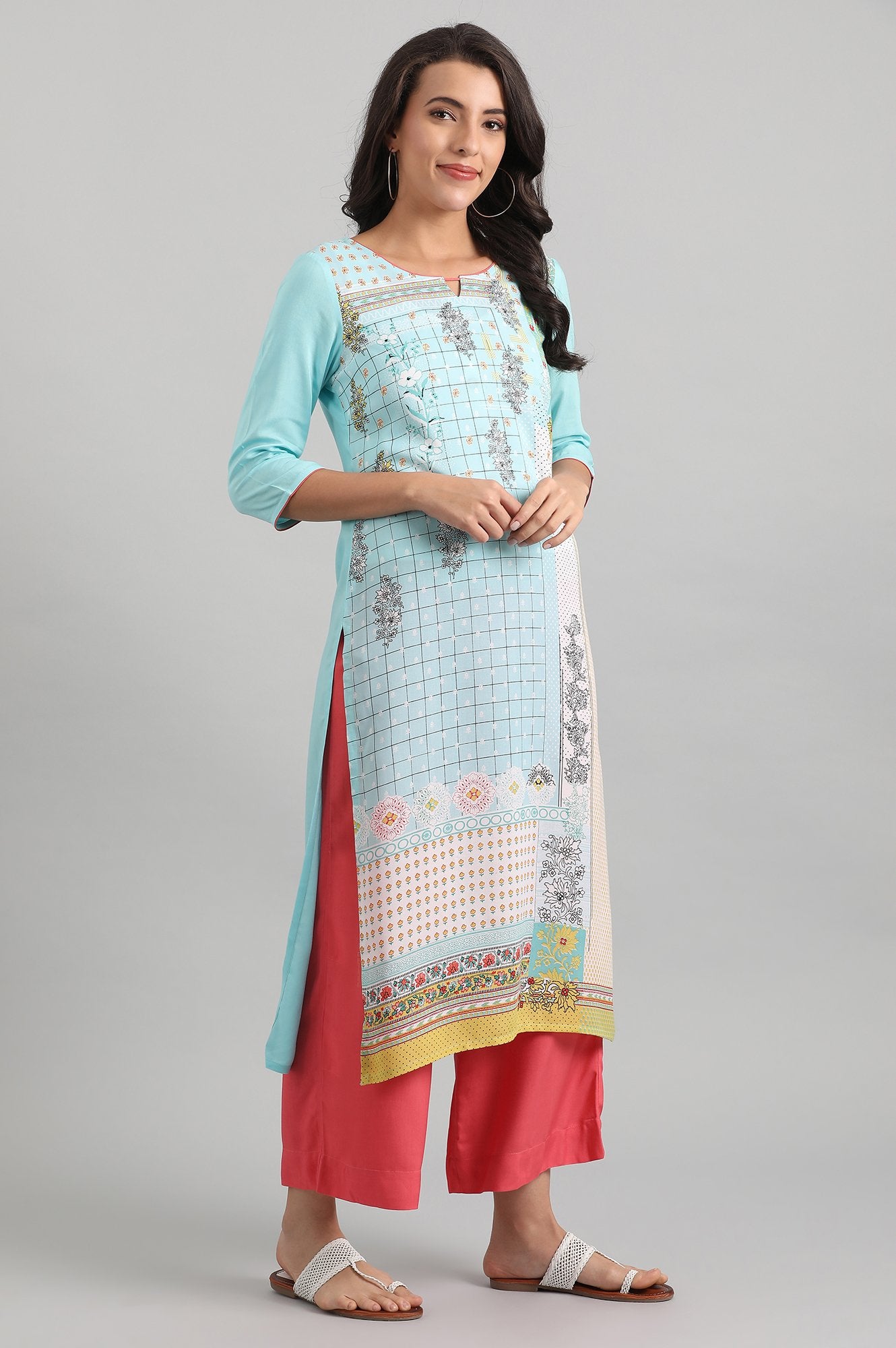 Blue Round Neck Printed Liva kurta