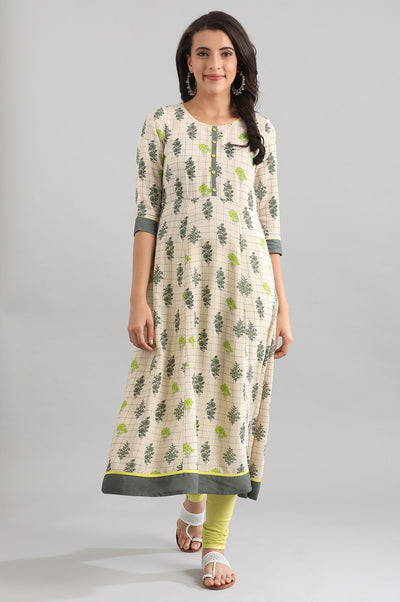 White Round Neck Printed Liva kurta