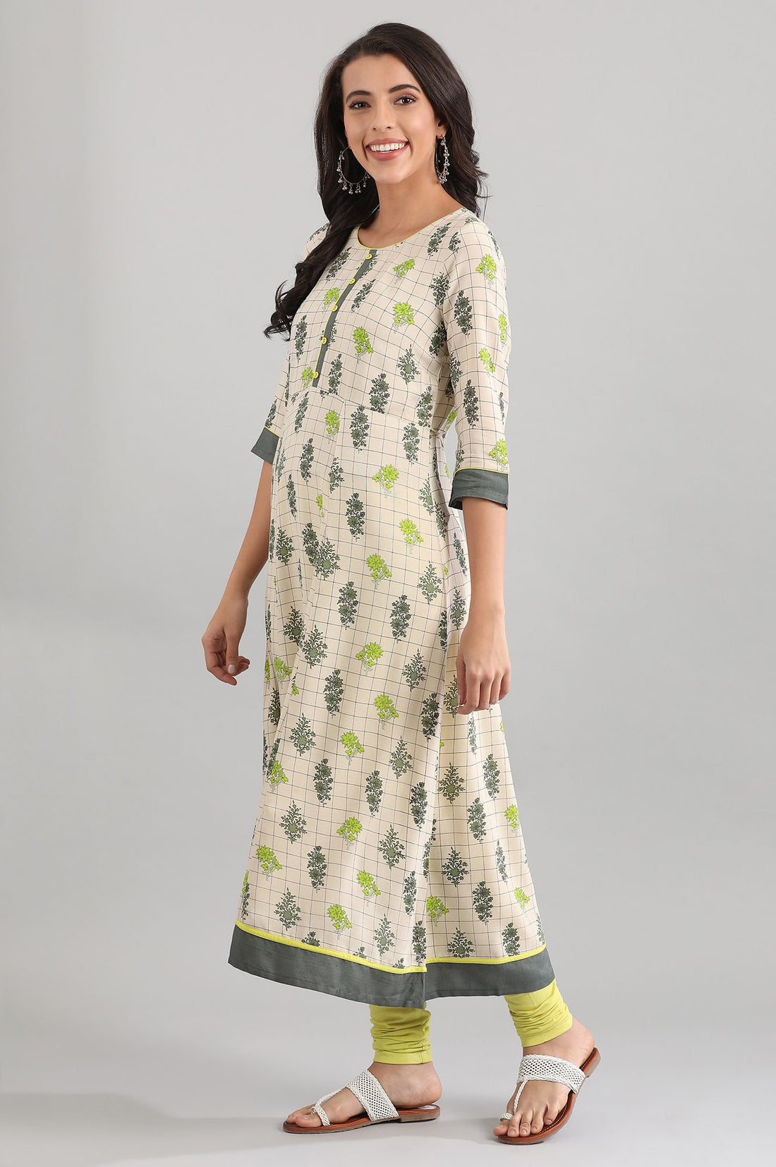 White Round Neck Printed Liva kurta