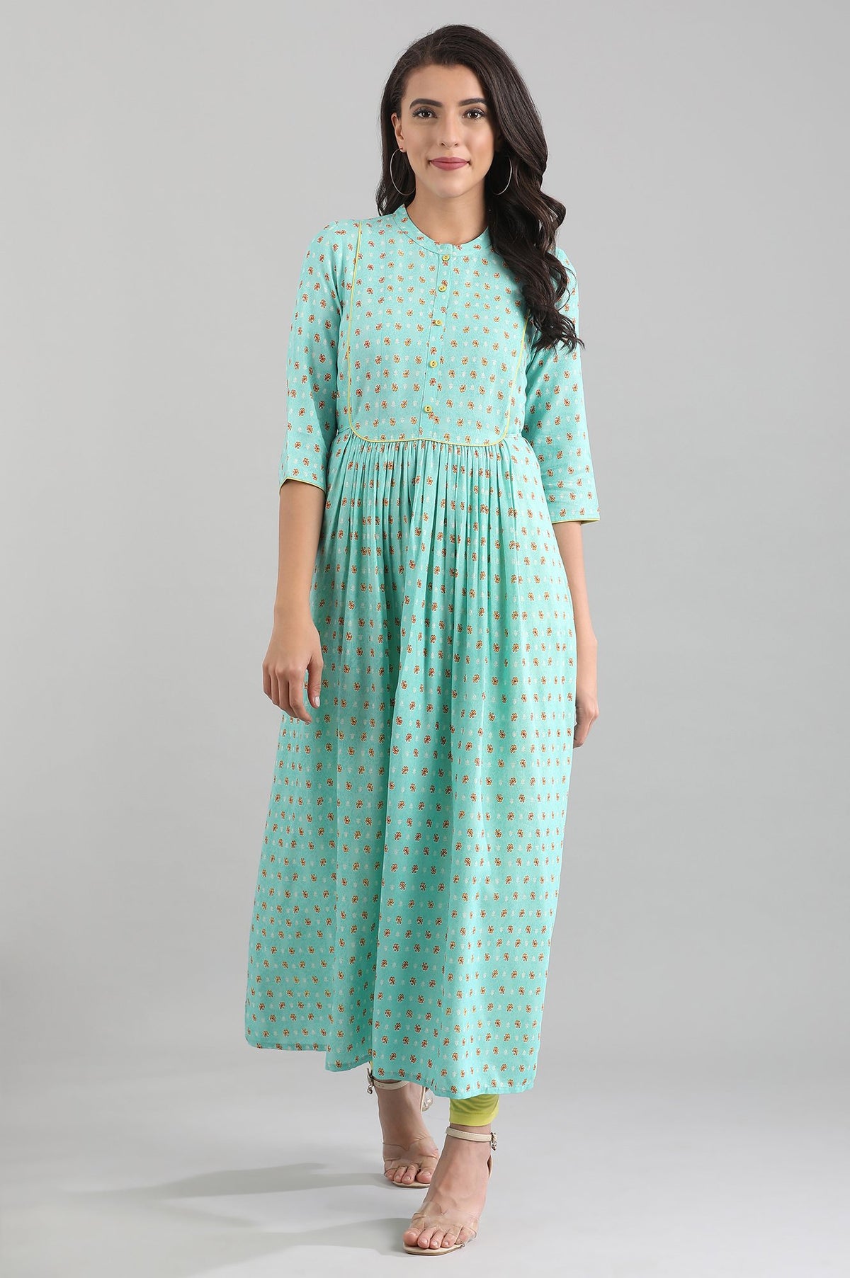 Green Band Collar Printed Liva kurta - XS