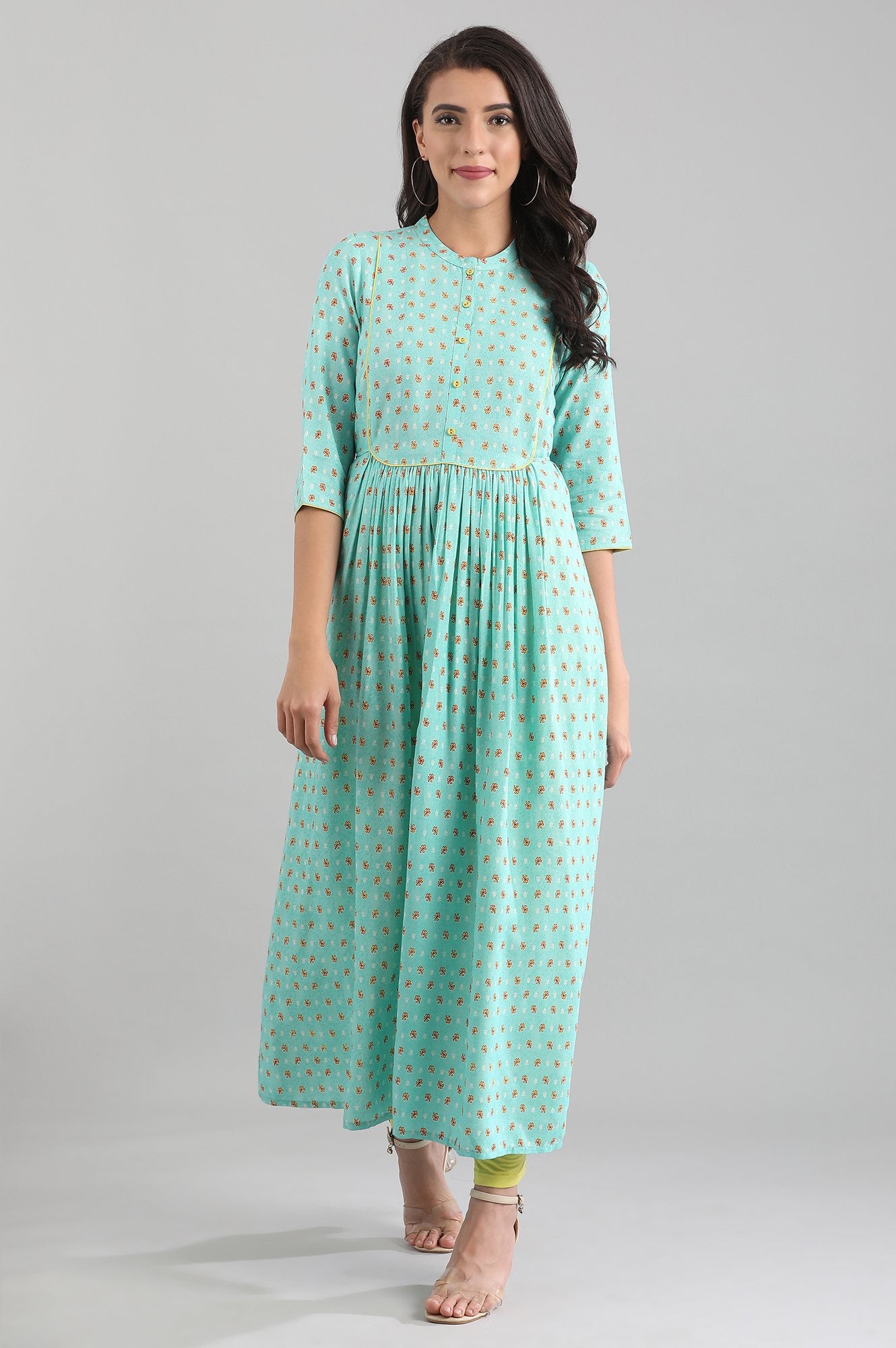 Green Band Collar Printed Liva kurta