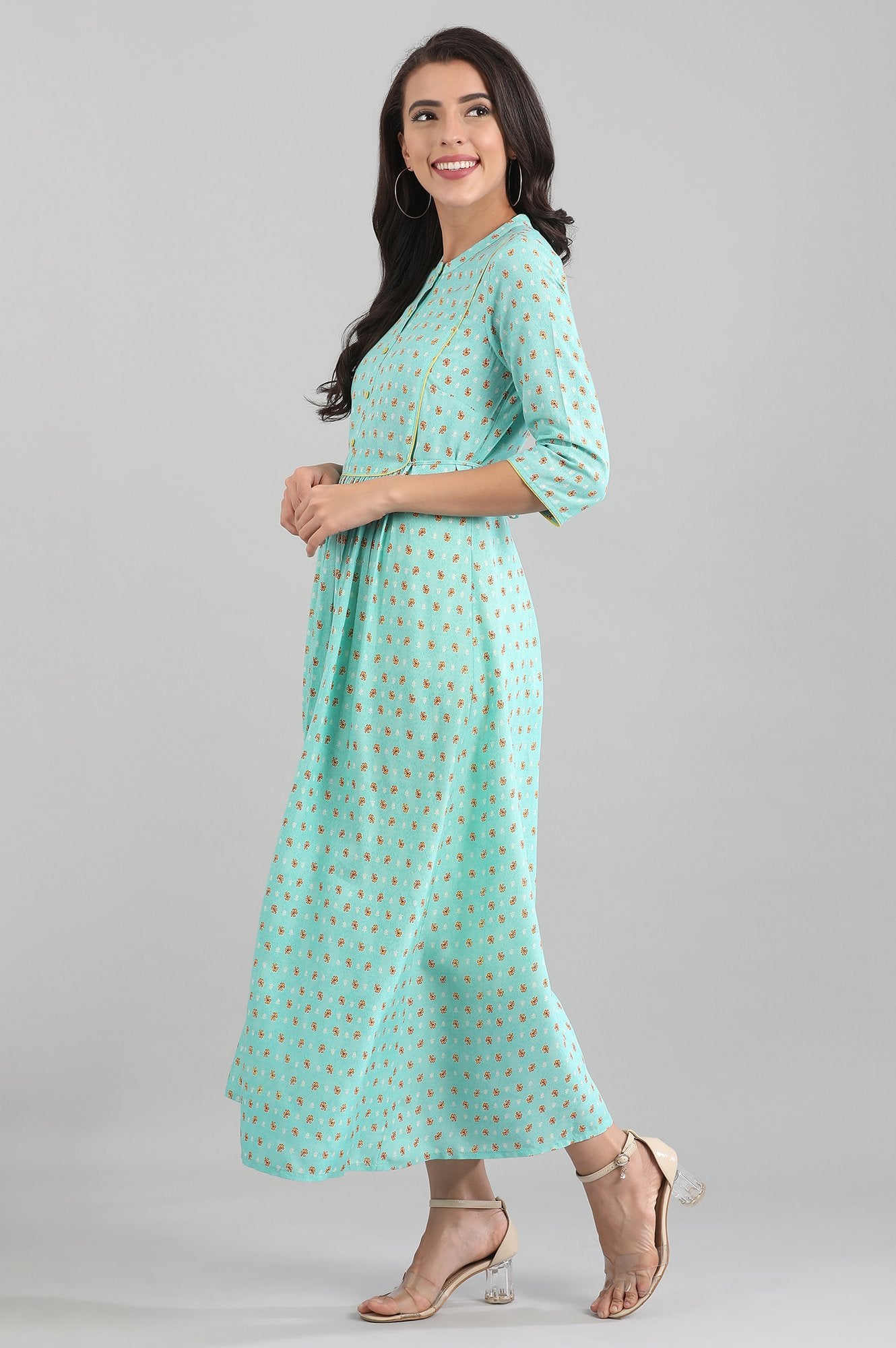 Green Band Collar Printed Liva kurta