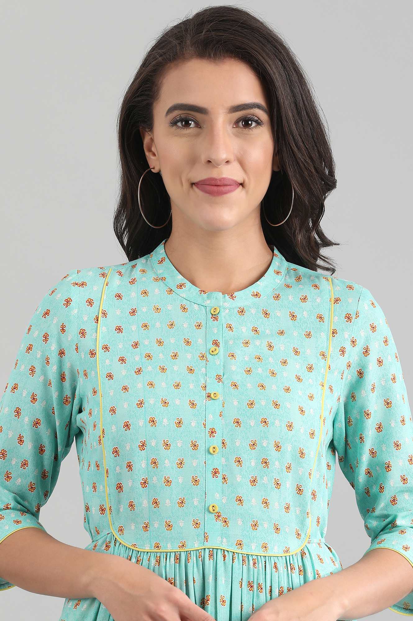 Green Band Collar Printed Liva kurta