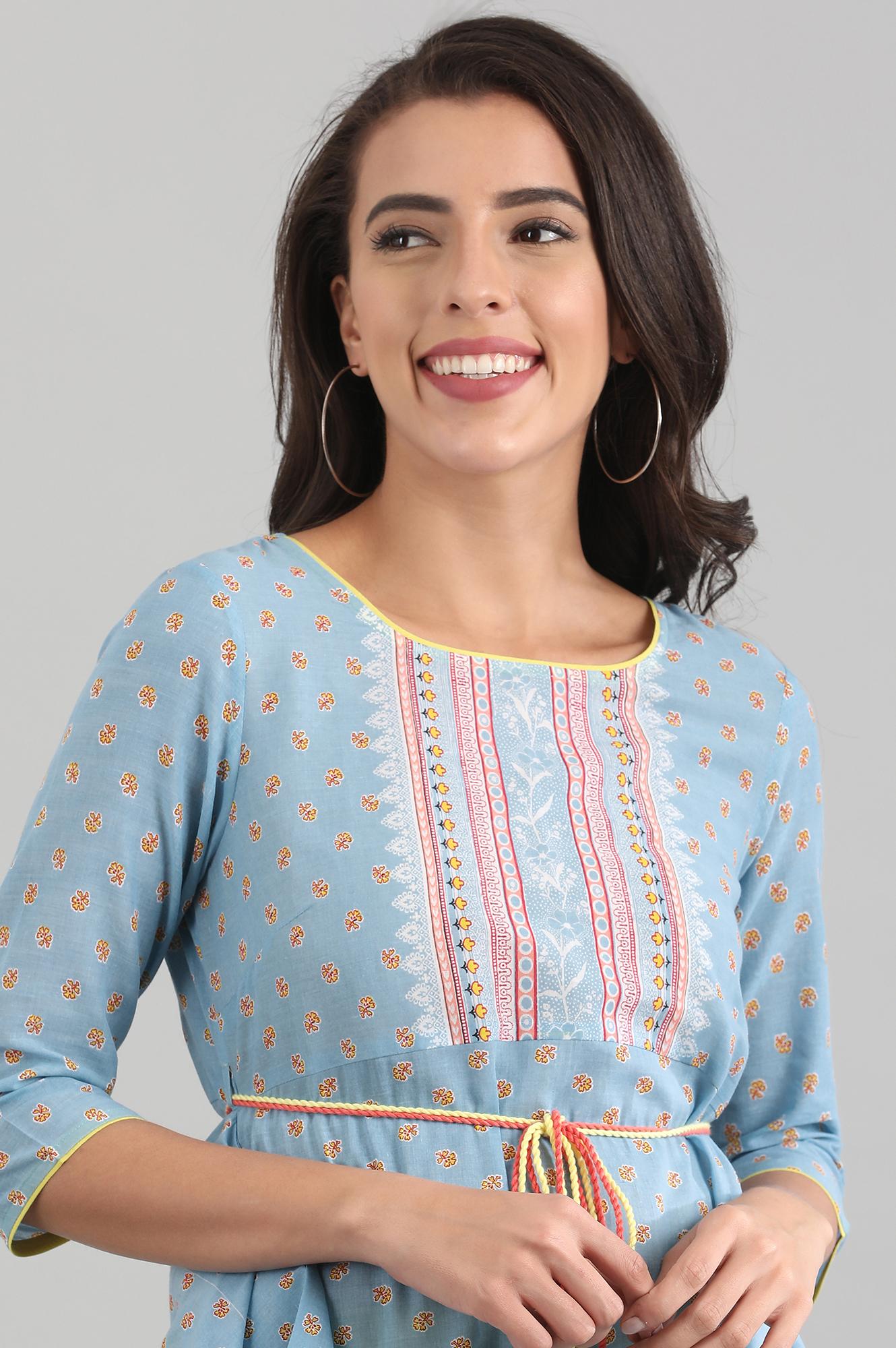 Blue Round Neck Printed kurta