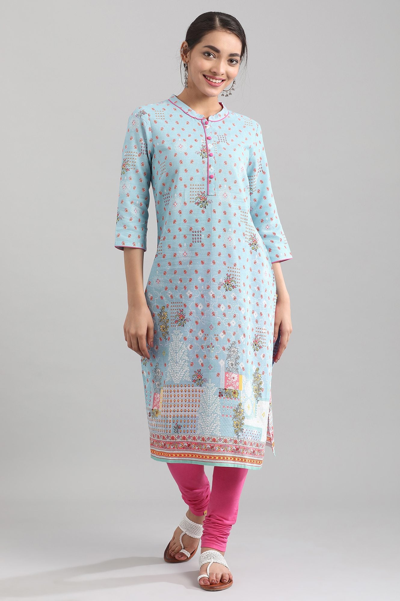 Blue Band Collar Printed kurta