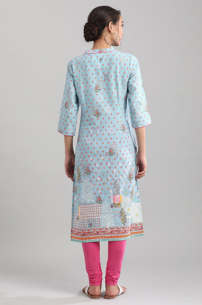 Blue Band Collar Printed kurta