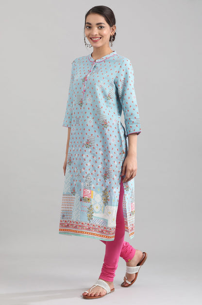 Blue Band Collar Printed kurta