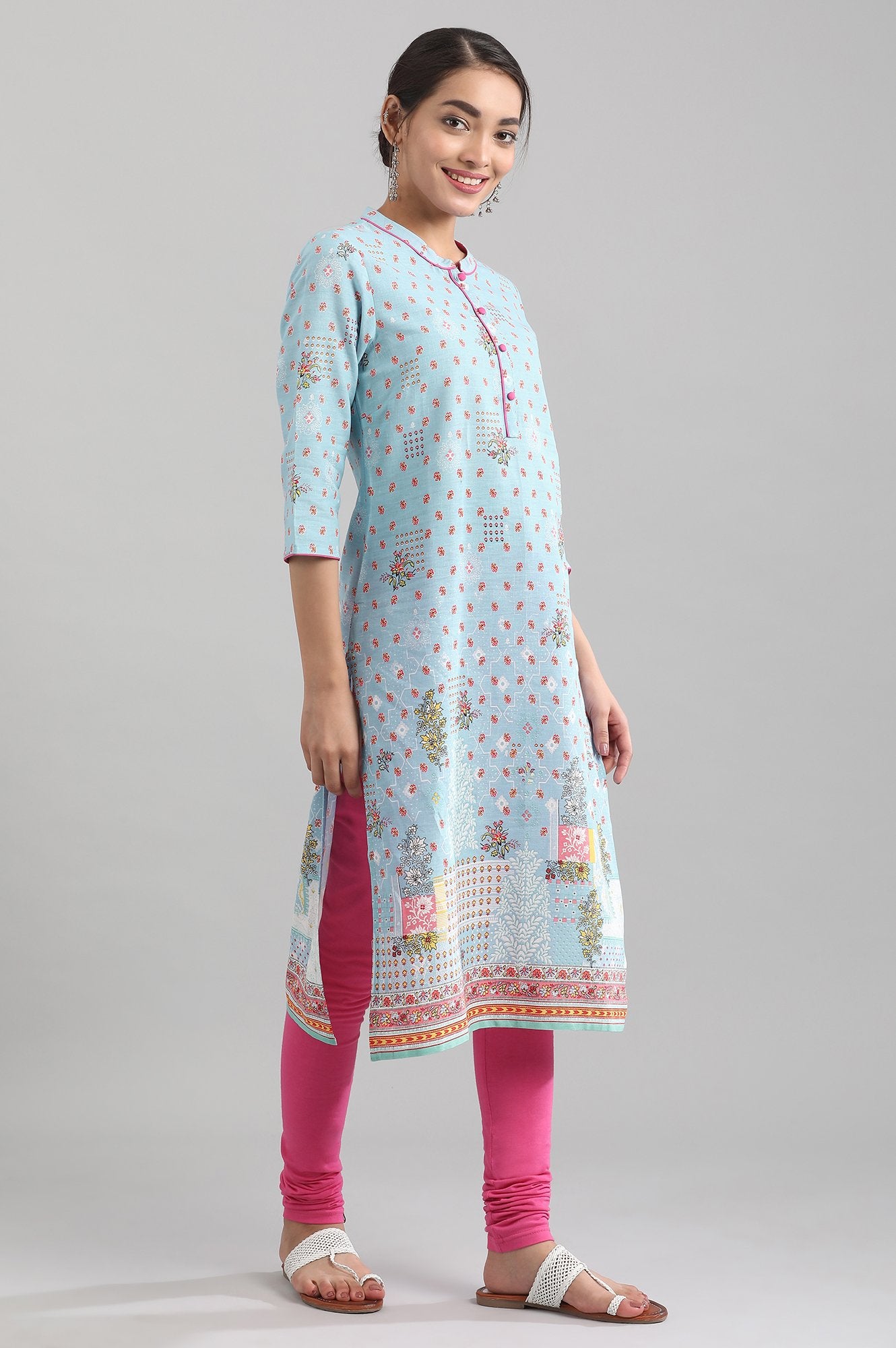 Blue Band Collar Printed kurta