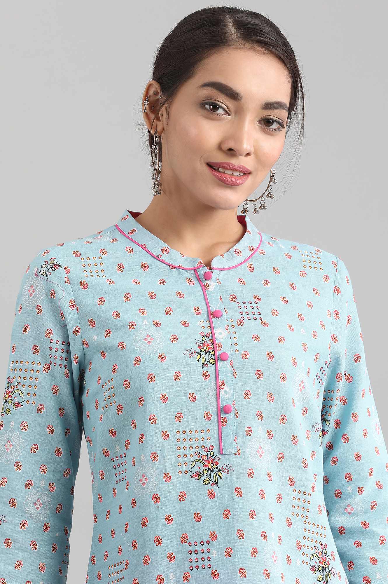 Blue Band Collar Printed kurta