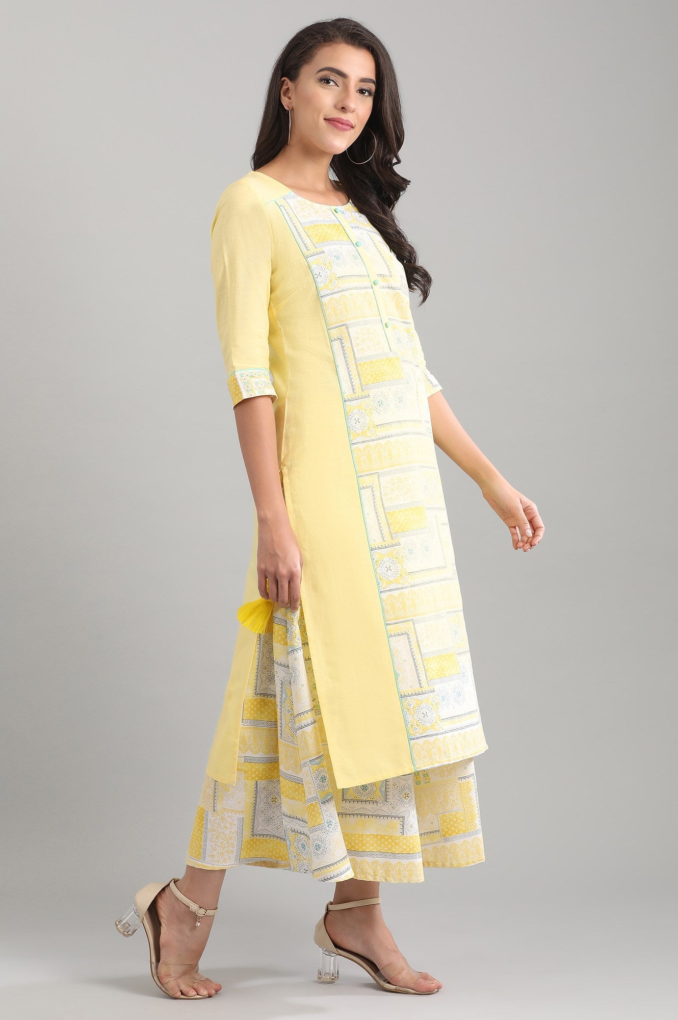 Yellow Round Neck Printed kurta