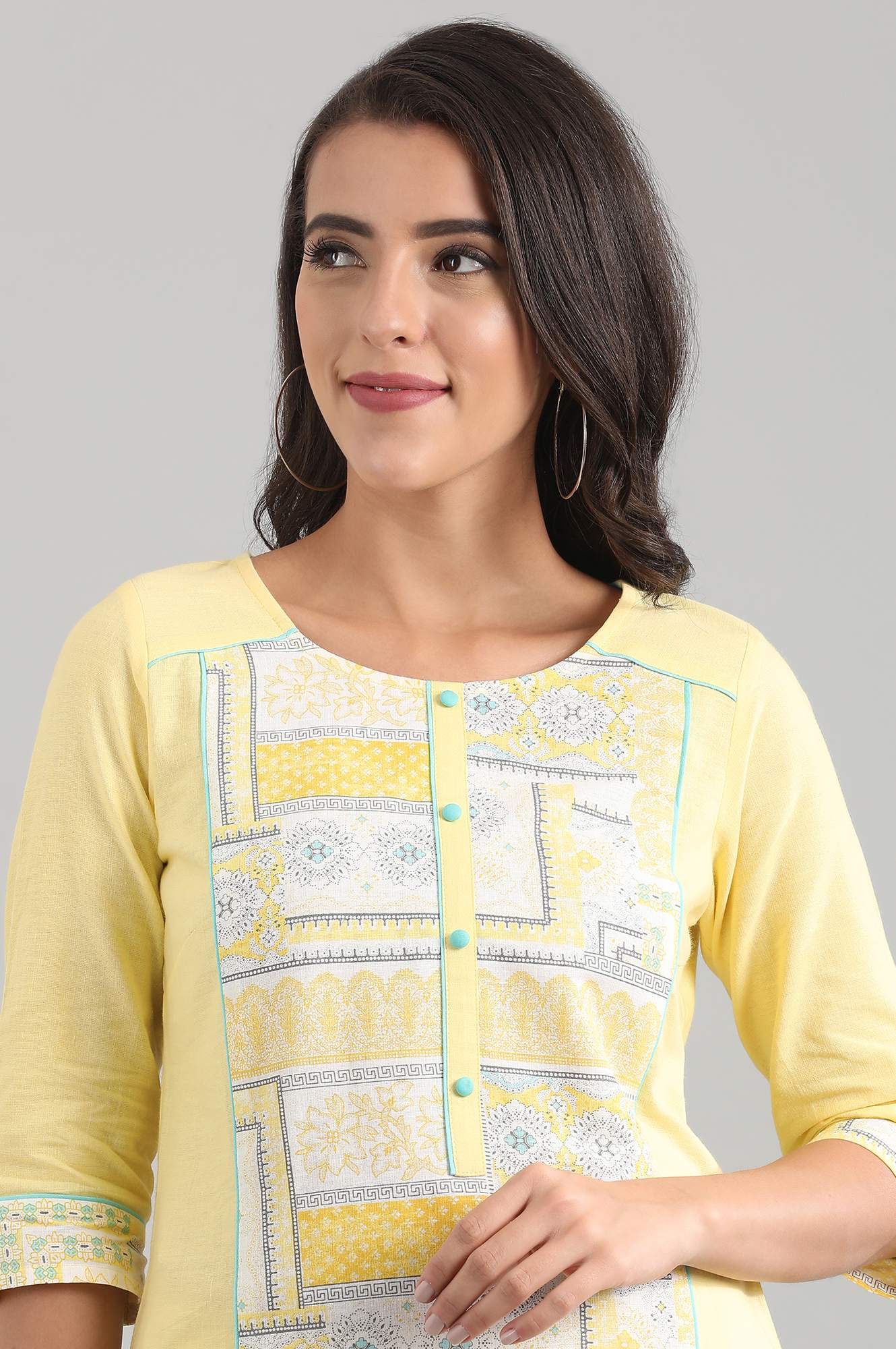 Yellow Round Neck Printed kurta