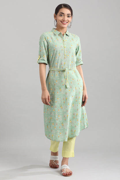 Green Shirt Collar Printed Dress