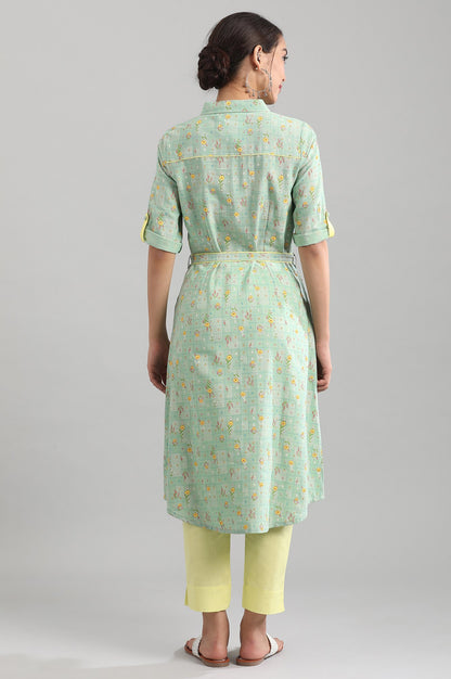 Green Shirt Collar Printed Dress