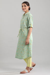 Green Shirt Collar Printed Dress