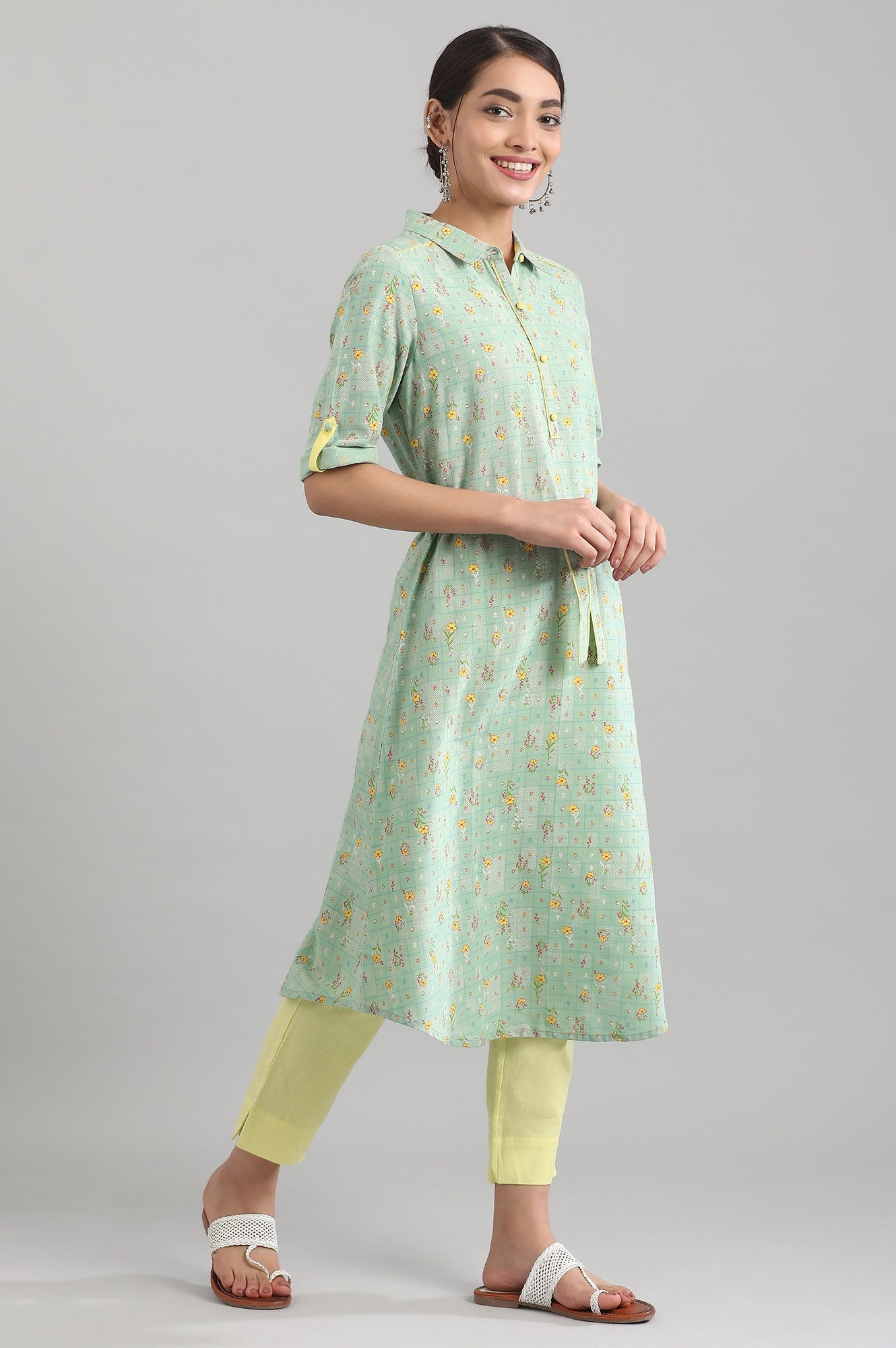 Green Shirt Collar Printed Dress