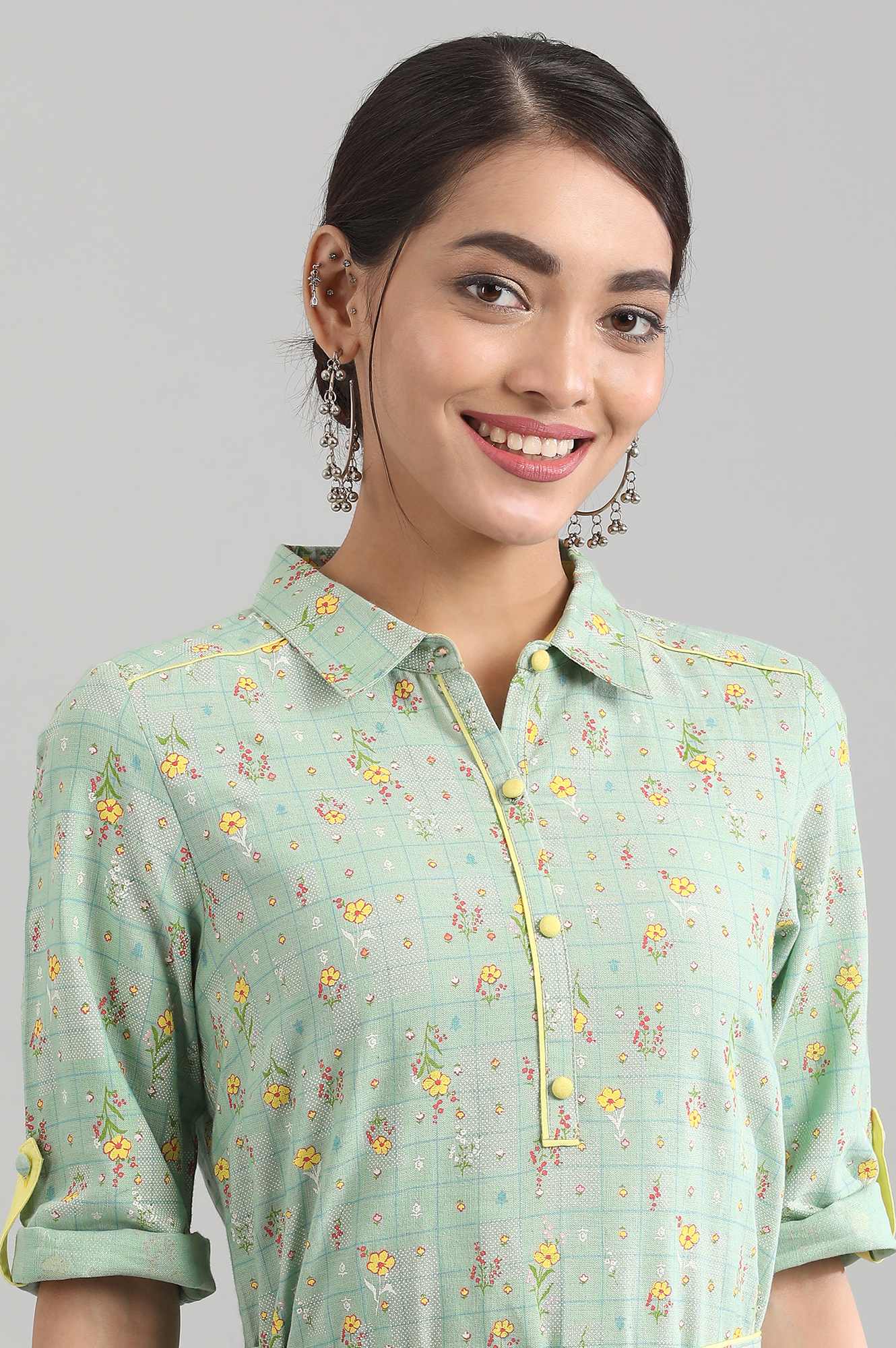 Green Shirt Collar Printed Dress