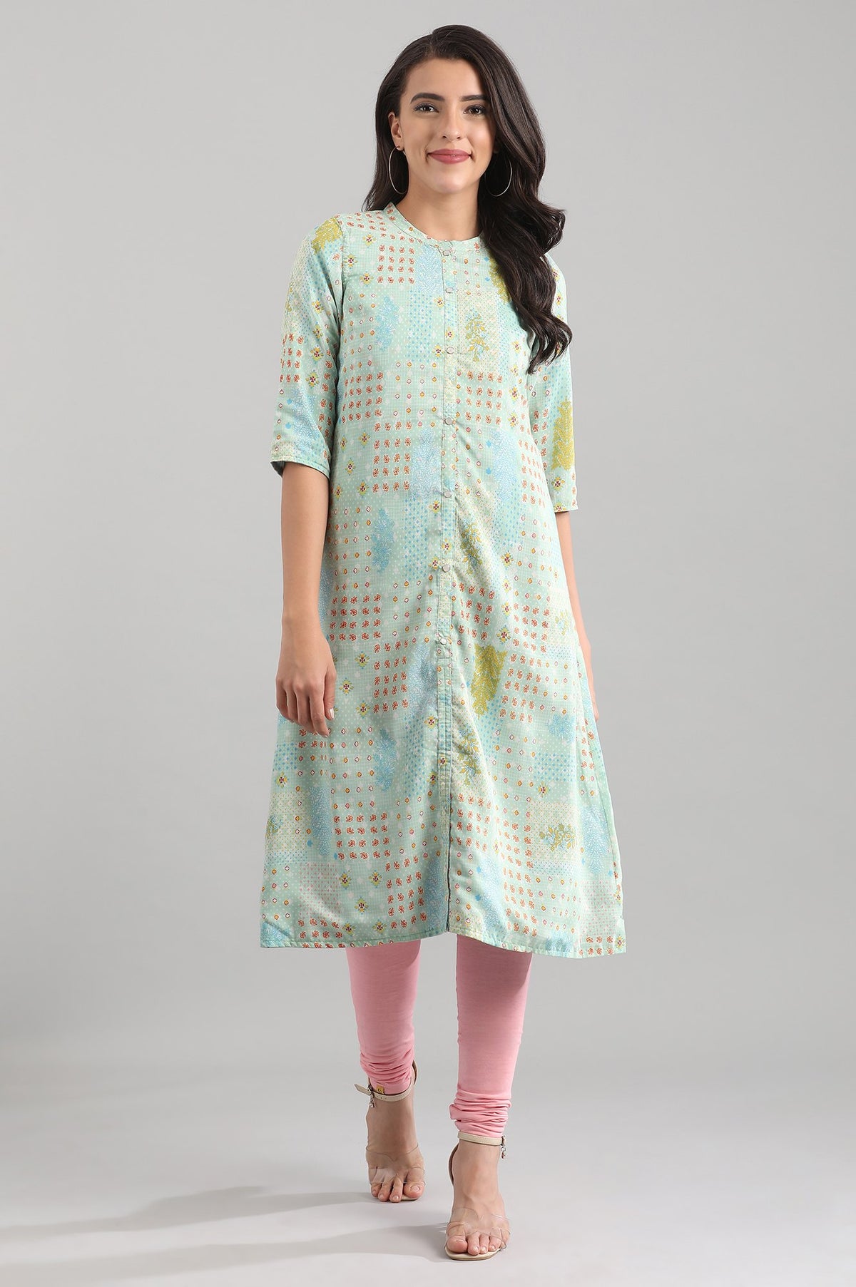 Green Band Collar Printed Reversible kurta - XS