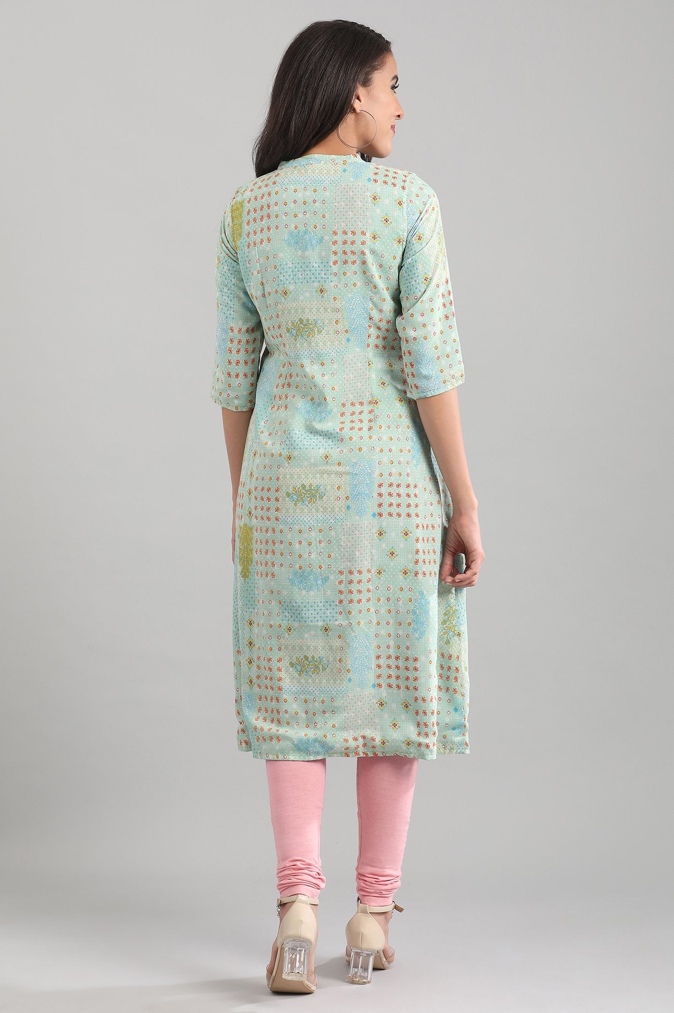 Green Band Collar Printed Reversible kurta