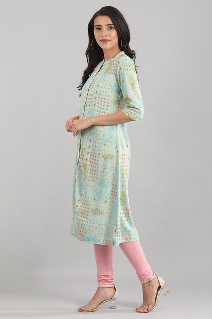 Green Band Collar Printed Reversible kurta