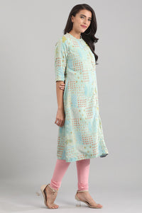 Green Band Collar Printed Reversible kurta