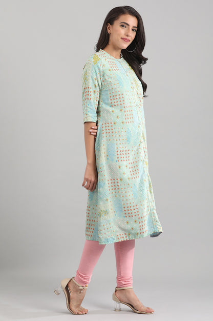 Green Band Collar Printed Reversible kurta