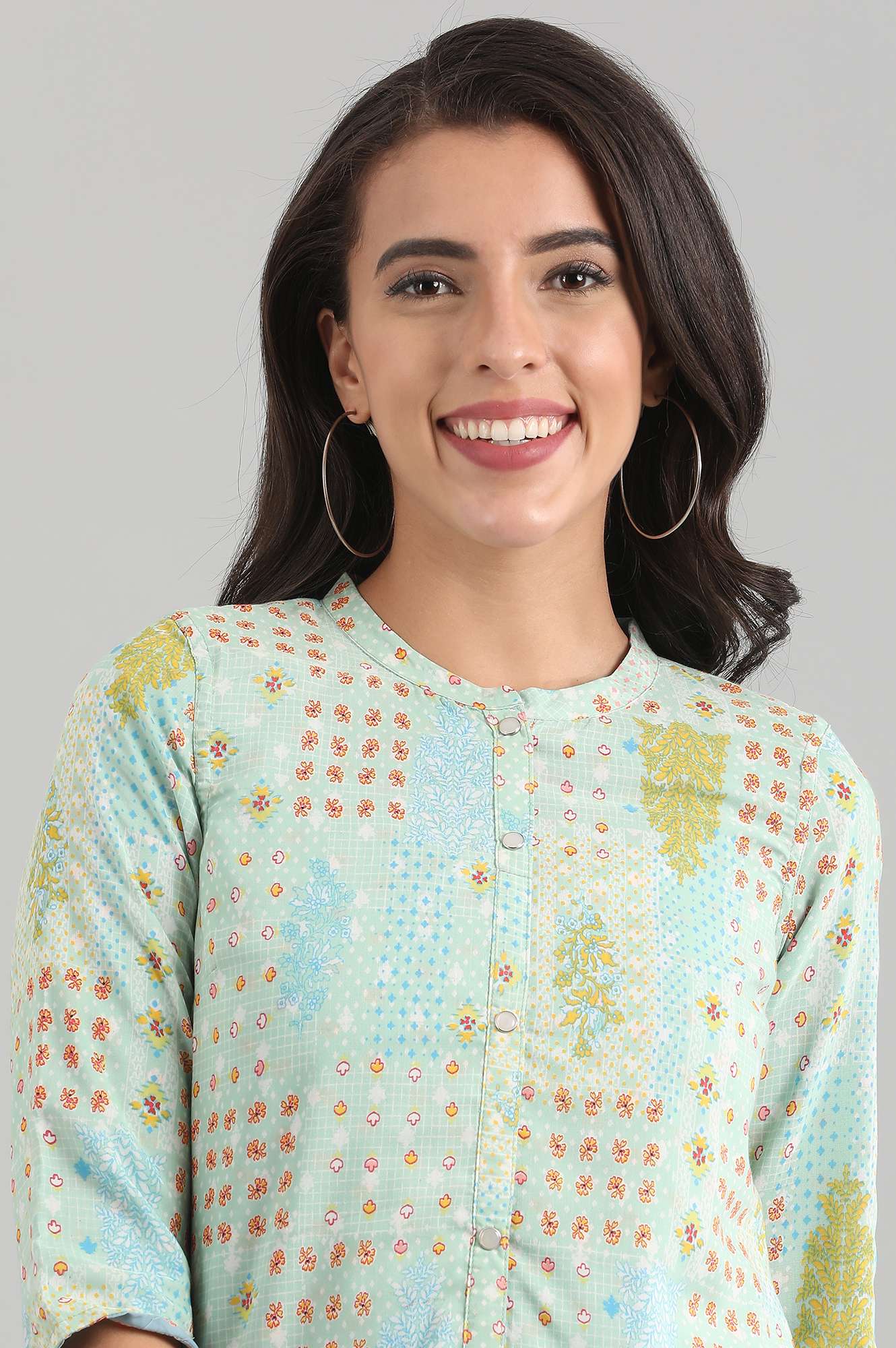 Green Band Collar Printed Reversible kurta