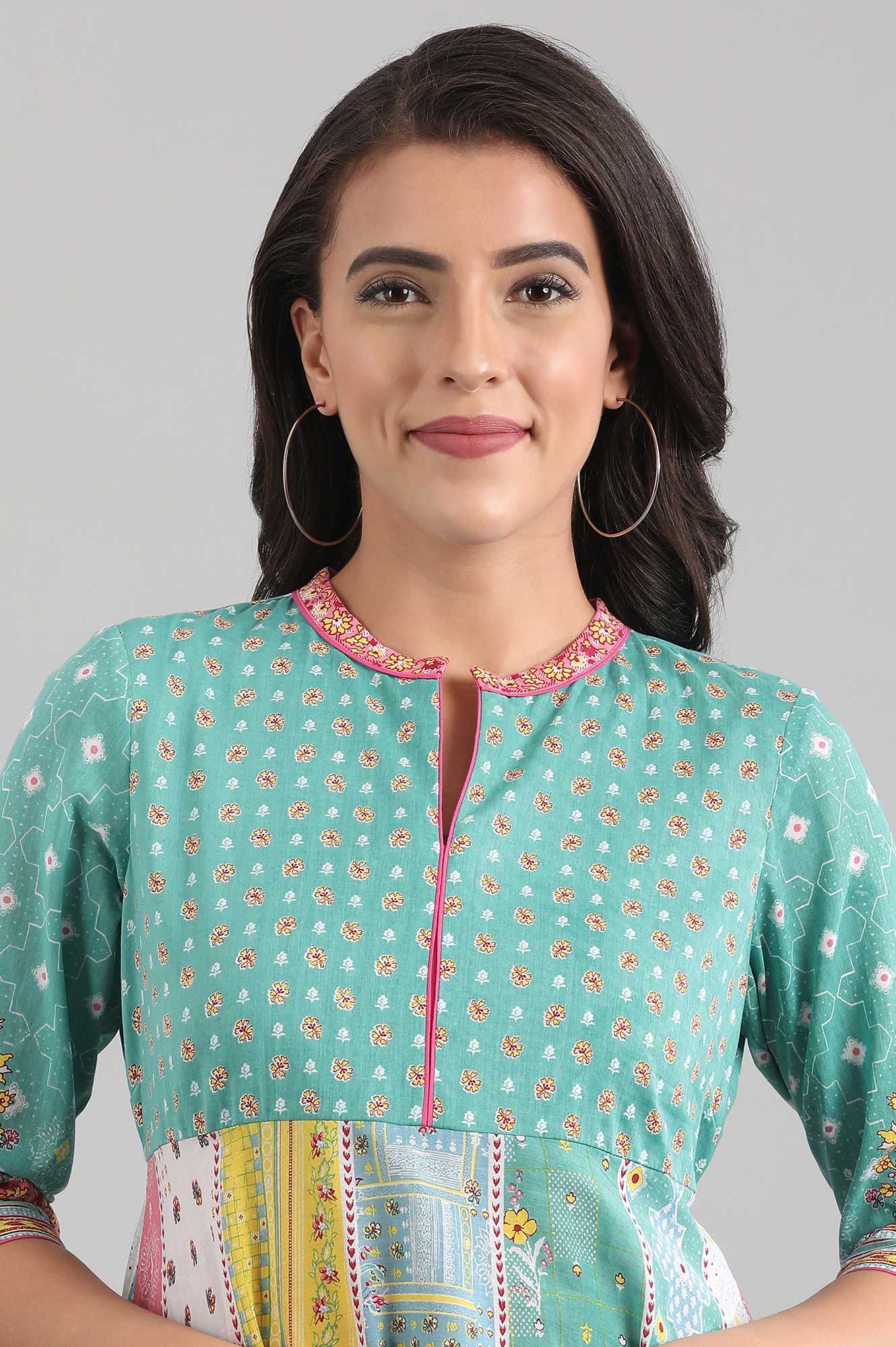 Green Band Collar Printed Dress