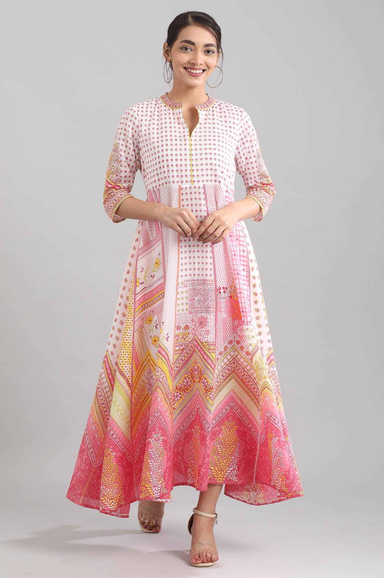 Pink Band Collar Printed Dress