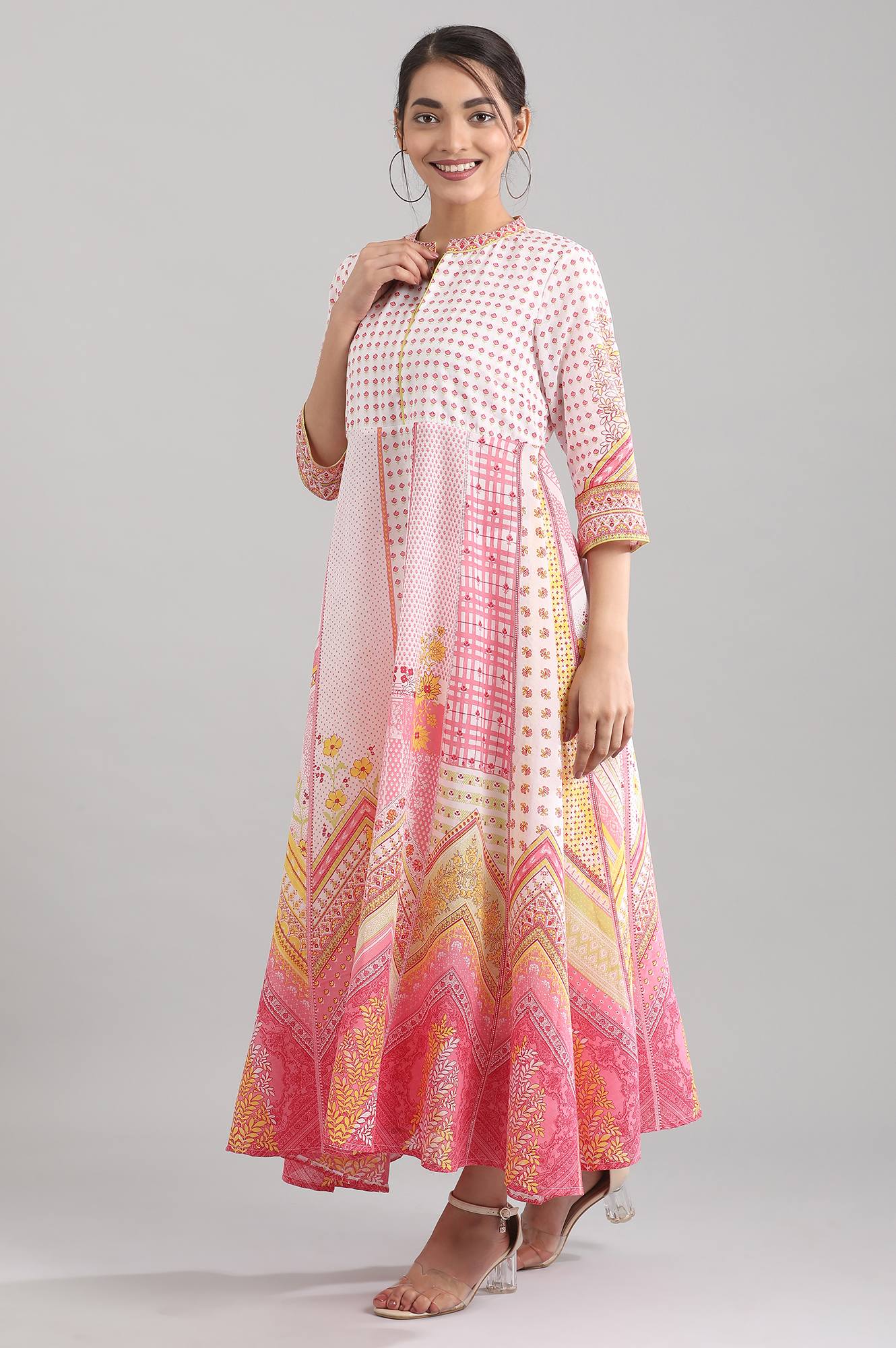 Pink Band Collar Printed Dress