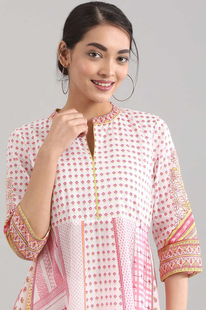 Pink Band Collar Printed Dress