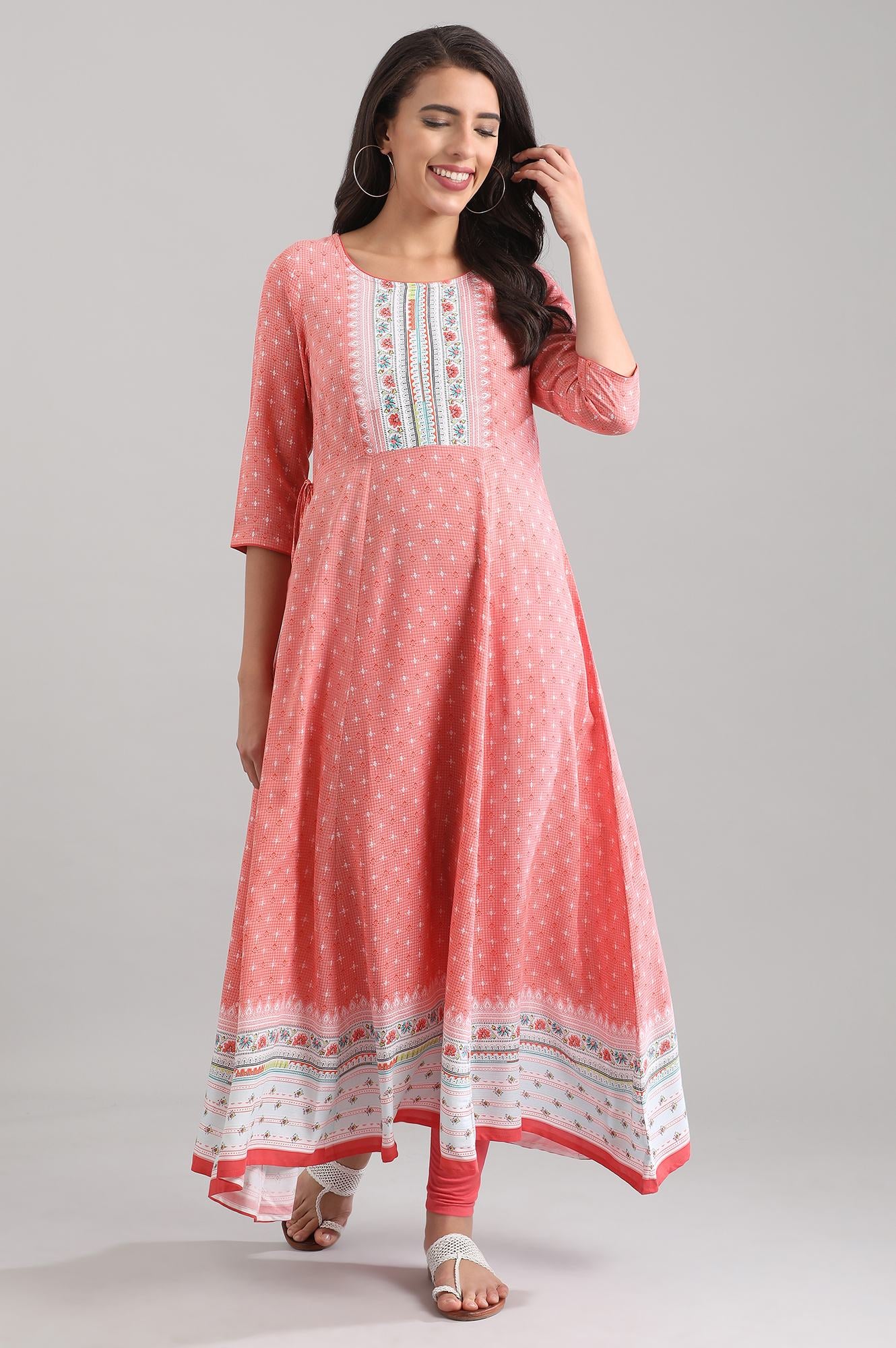 Peach Round Neck Printed Liva kurta