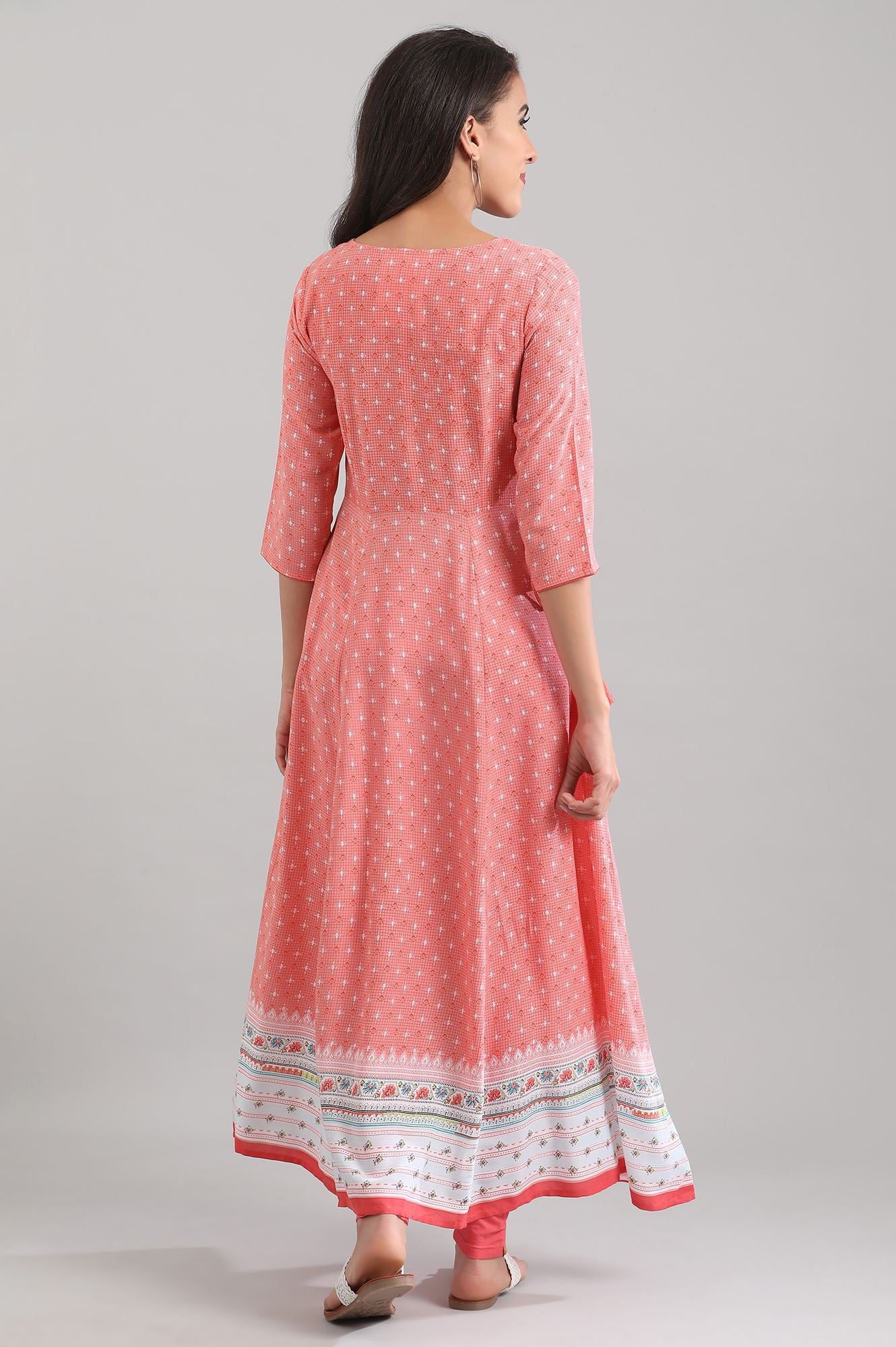 Peach Round Neck Printed Liva kurta