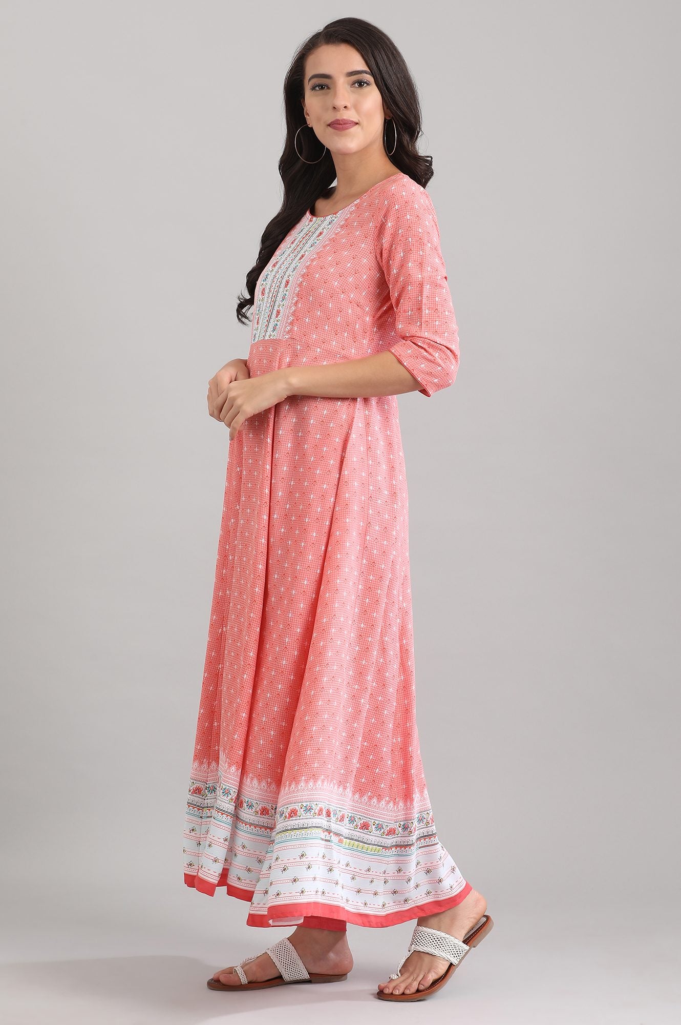 Peach Round Neck Printed Liva kurta