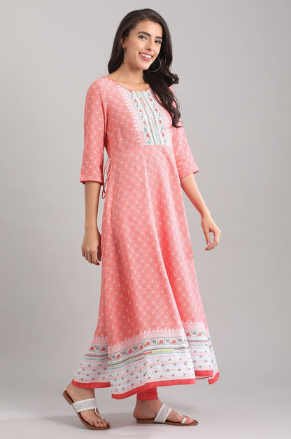 Peach Round Neck Printed Liva kurta