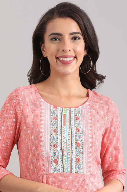 Peach Round Neck Printed Liva kurta