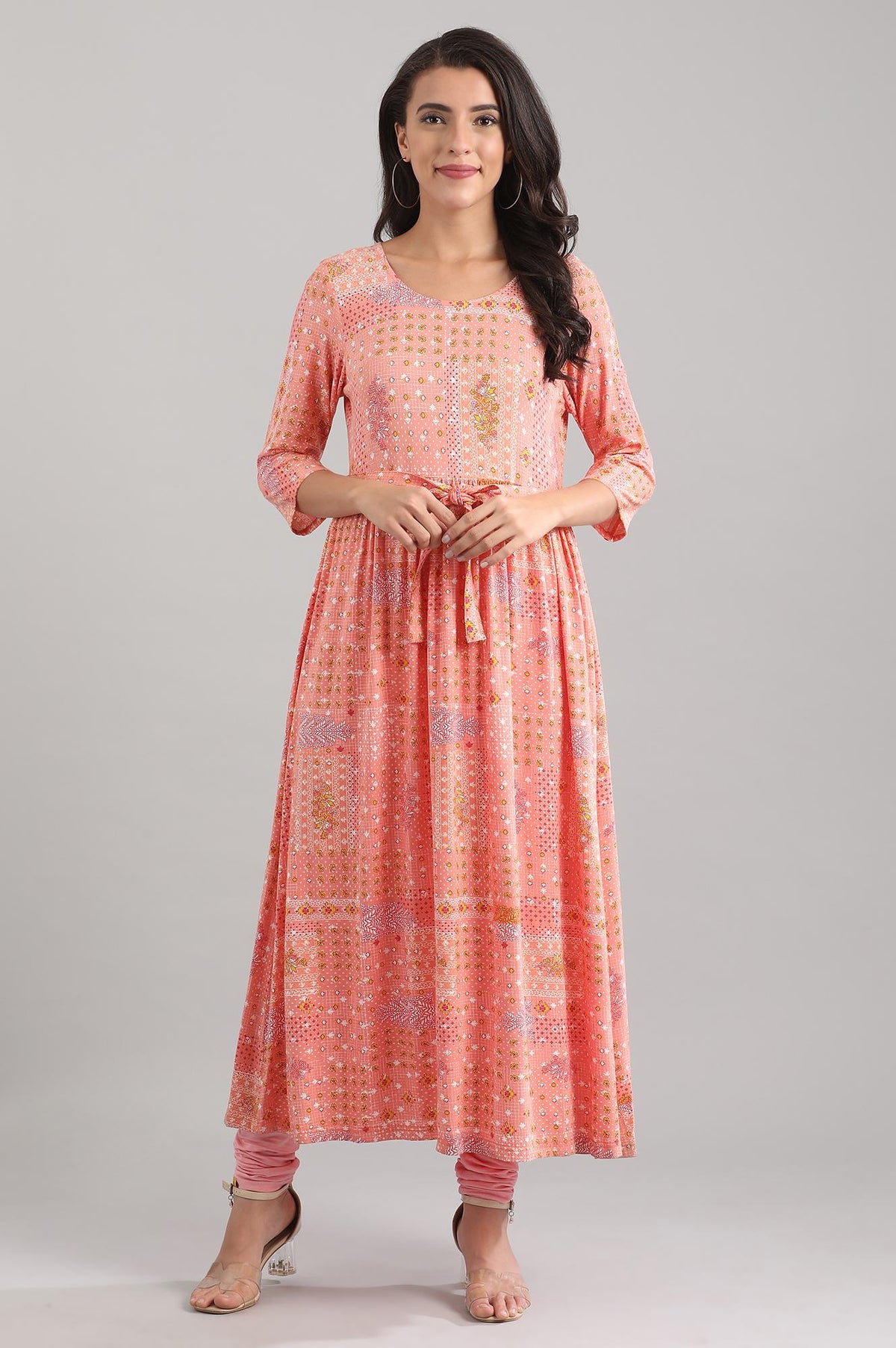 Peach Round Neck Floral Print Liva Dress - XS