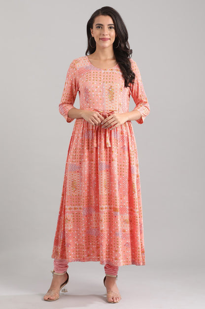 Peach Round Neck Floral Print Liva Dress